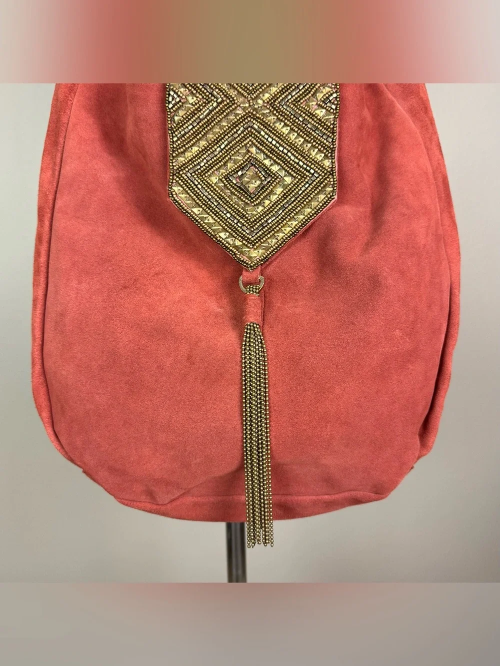Anthropologie Nadia Suede Beaded Tassel Hobo Crossbody Bag Rust Orange
